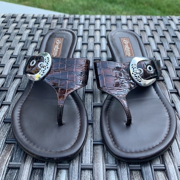 Brighton Lark Women's Croc Embossed Leather Micro Wedge Sandal - Brown - Picture 1 of 15